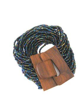 Seed Bead Multi-Strand Bracelet w/ Wooden Clasp  Glass Iridescent Peacock colors